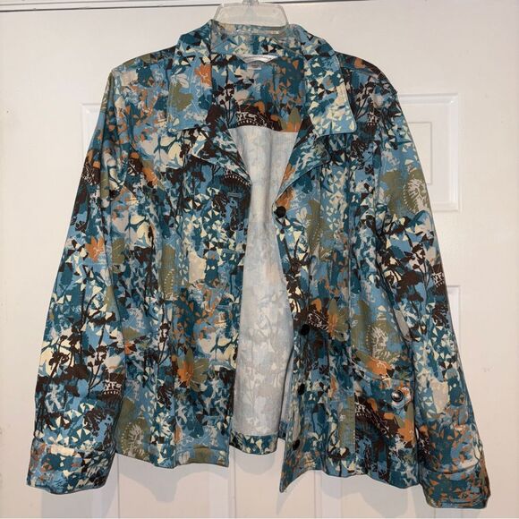 Christopher & Banks Button Front Stretch Printed Denim Jacket Shacket Big Shirt - Picture 2 of 7